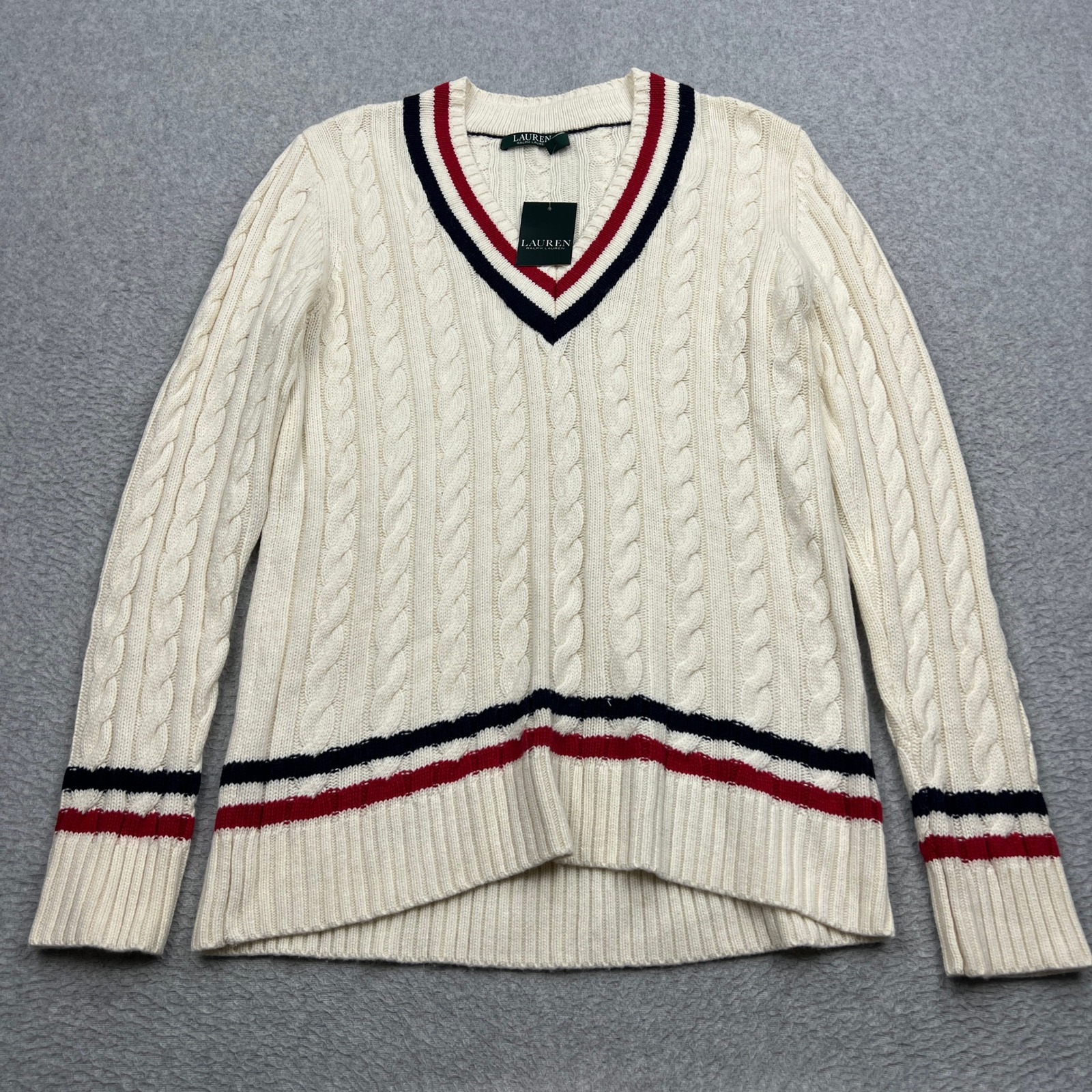 New Ralph Lauren Cricket Sweater Women Large Cream Stripe Trim V-Neck Cable Knit
